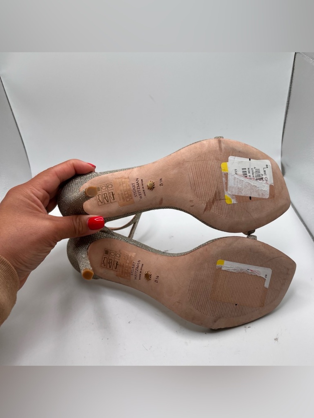 Stuart Weitzman Silver Ankle-Strap Stiletto NudistCurve 100 Sandal Heels 8.5 - Picture 8 of 10